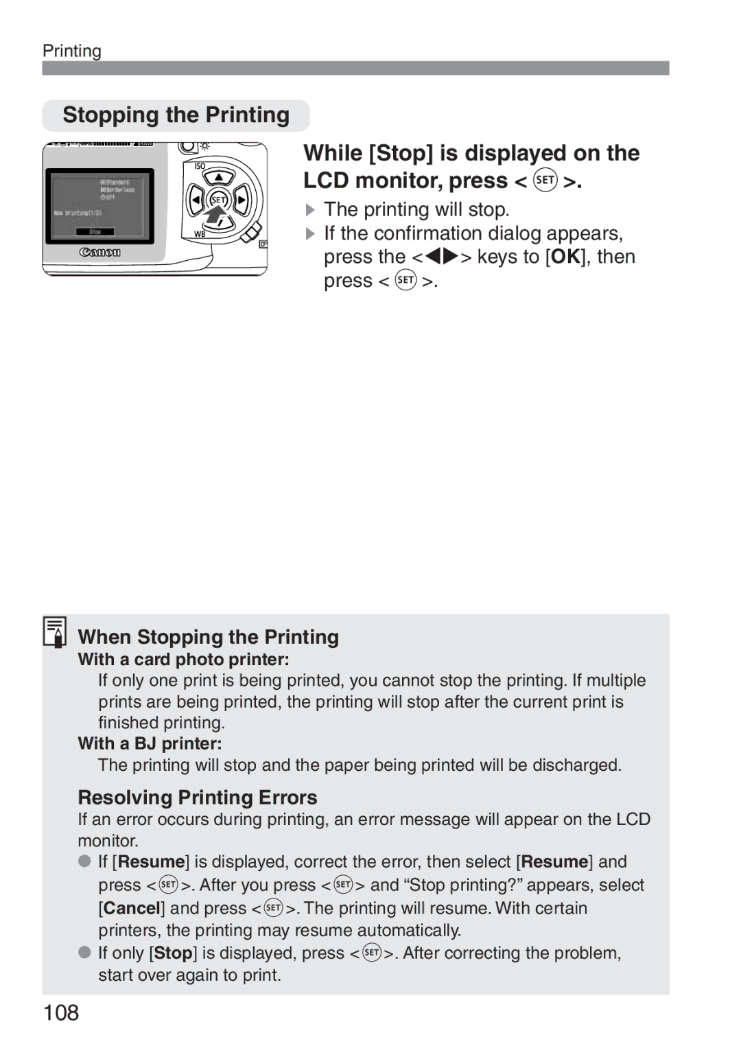 Canon 300D instruction manual When Stopping the Printing, Resolving Printing Errors 