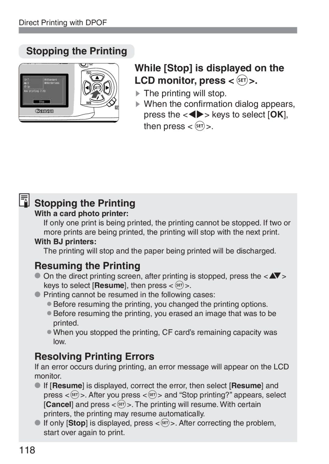 Canon 300D instruction manual Stopping the Printing, Resuming the Printing, Resolving Printing Errors 