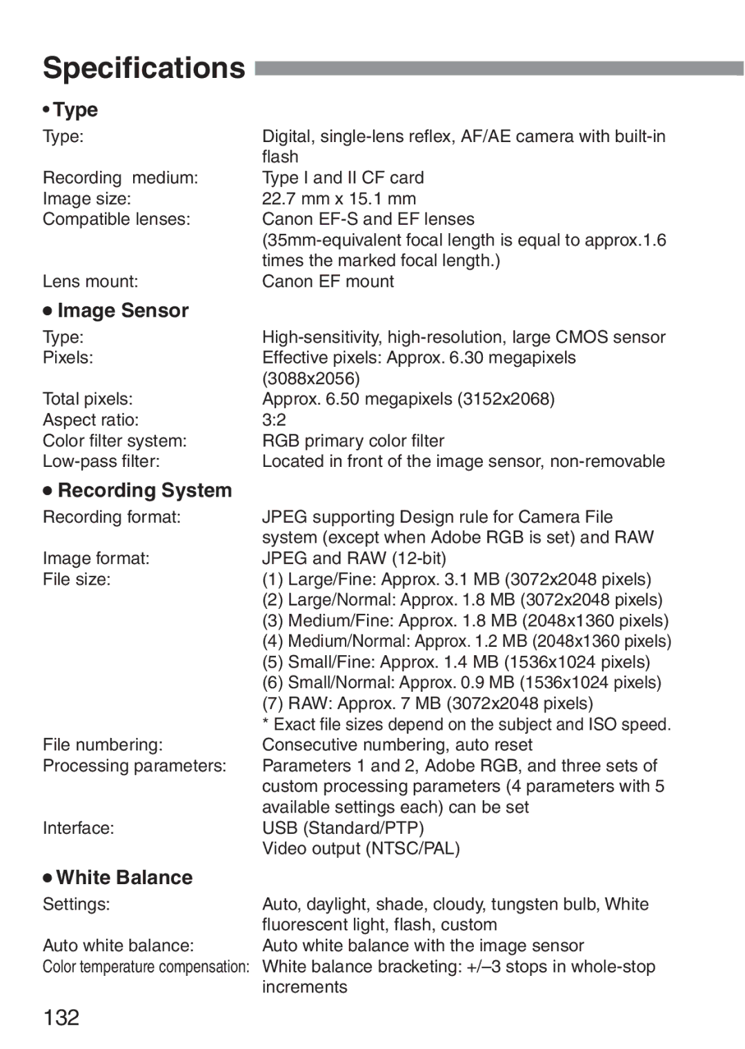 Canon 300D instruction manual Specifications, Type, Image Sensor, Recording System, White Balance 