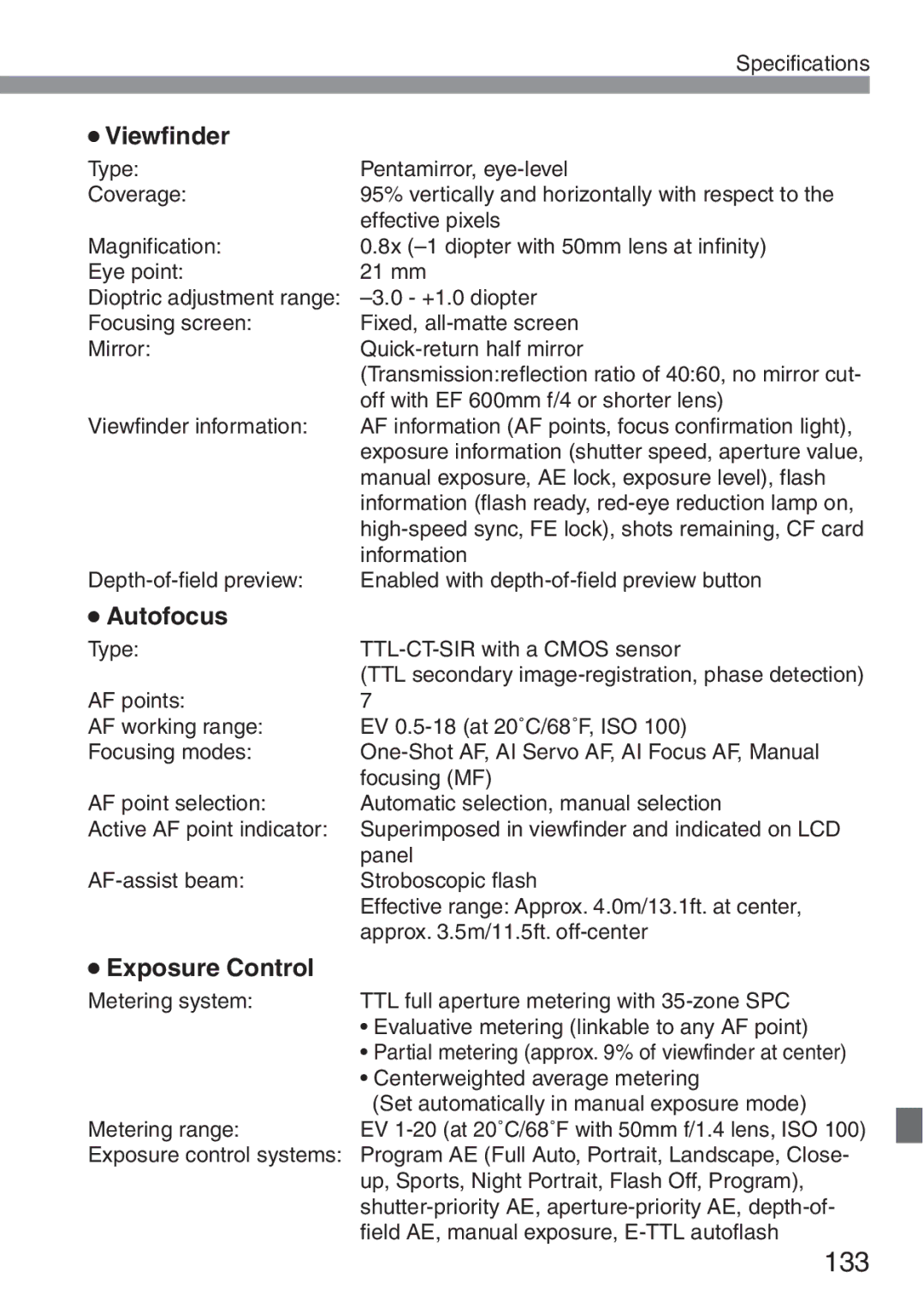 Canon 300D instruction manual Viewfinder, Autofocus, Exposure Control 