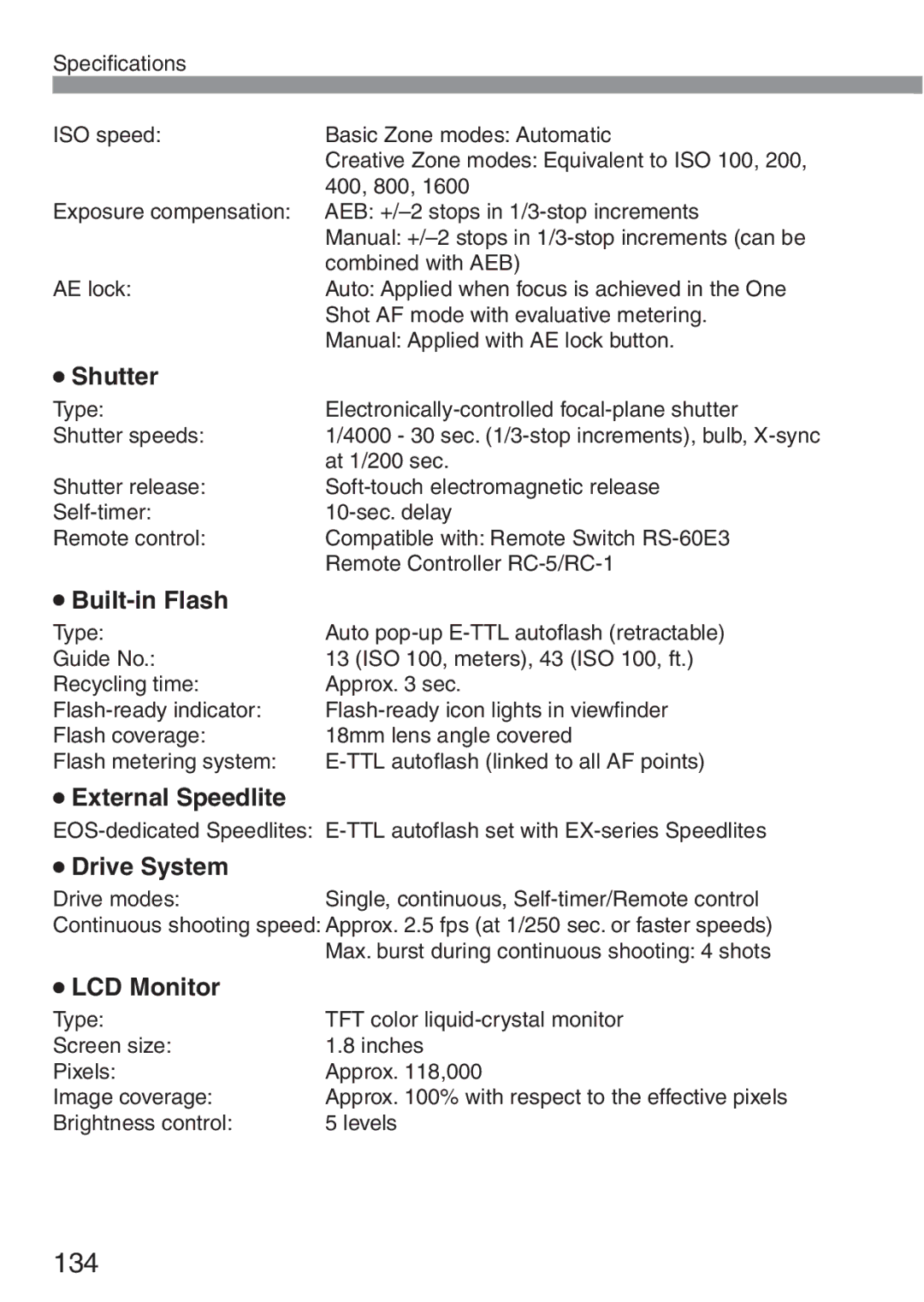 Canon 300D instruction manual Shutter, Built-in Flash, External Speedlite, Drive System, LCD Monitor 