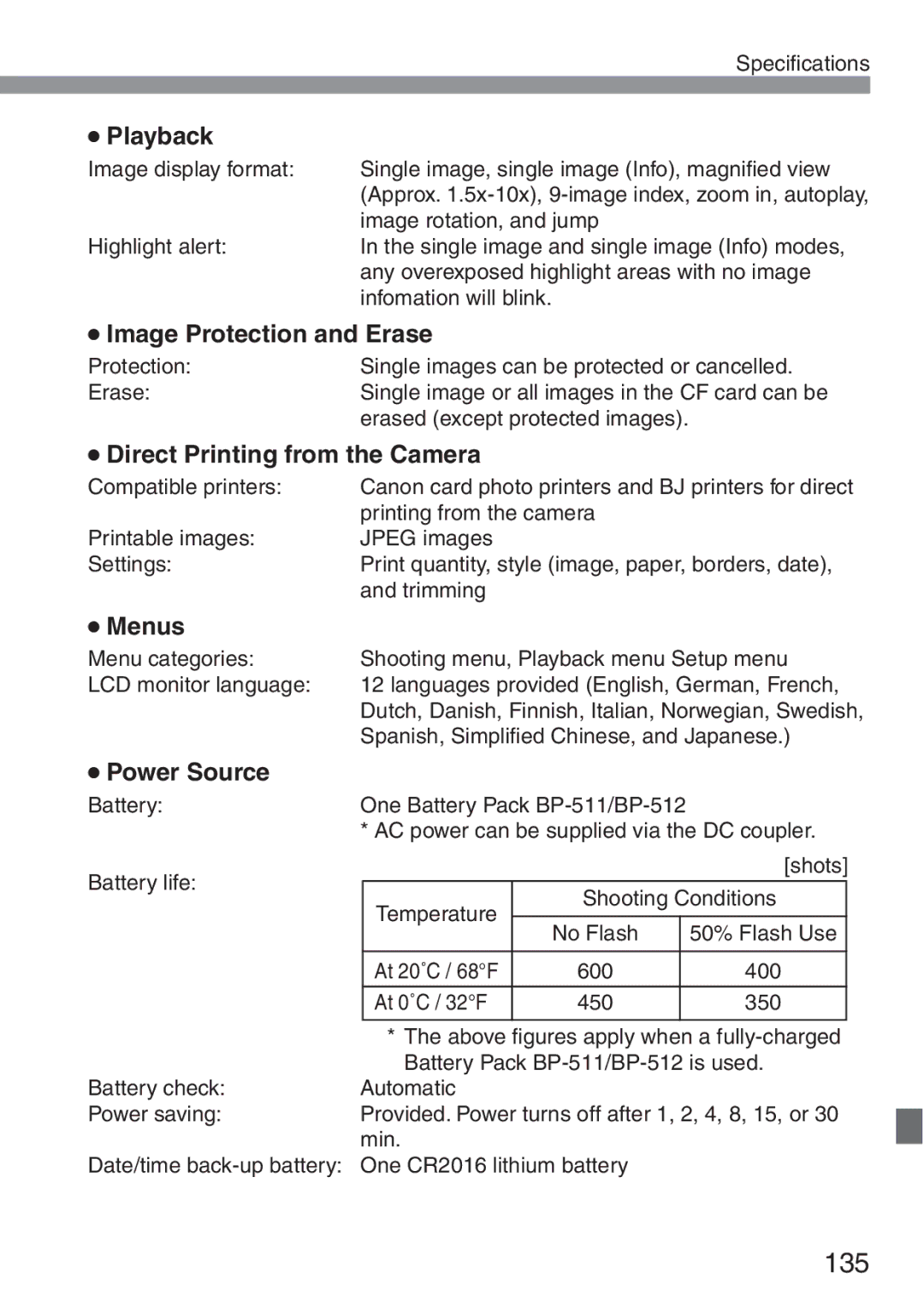 Canon 300D instruction manual Playback, Image Protection and Erase, Direct Printing from the Camera, Menus, Power Source 