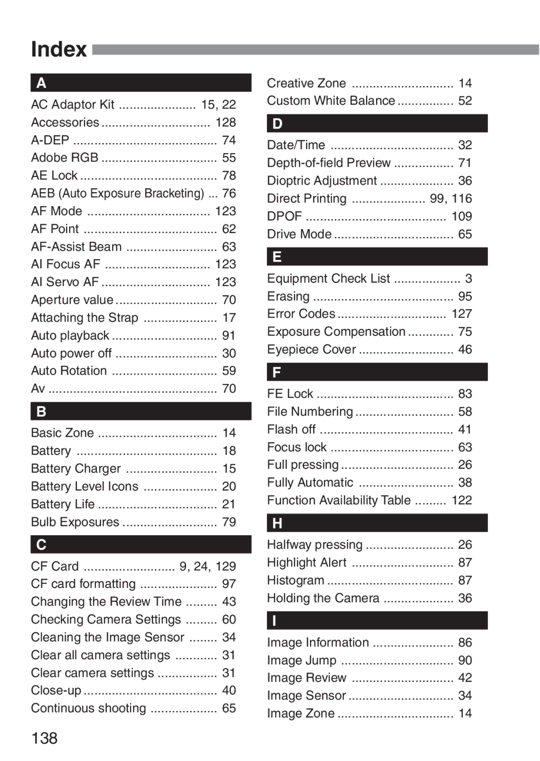 Canon 300D instruction manual Index, 127 