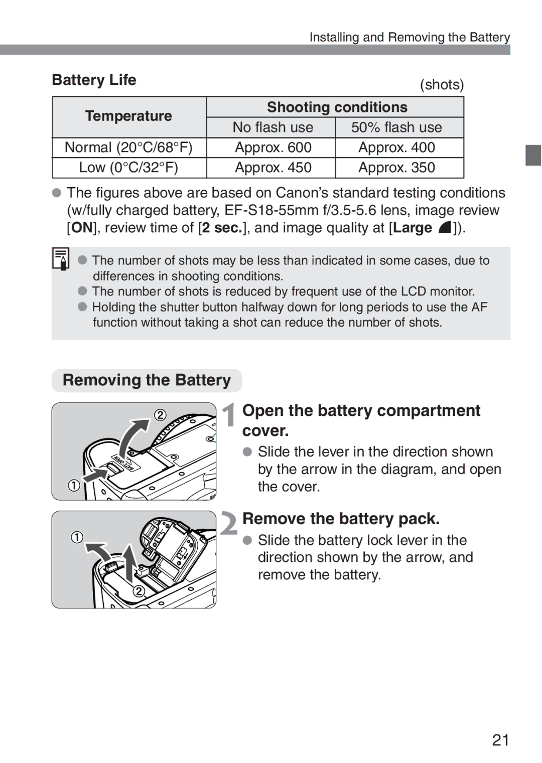 Canon 300D Removing the Battery Open the battery compartment cover, 2Remove the battery pack, Battery Life 