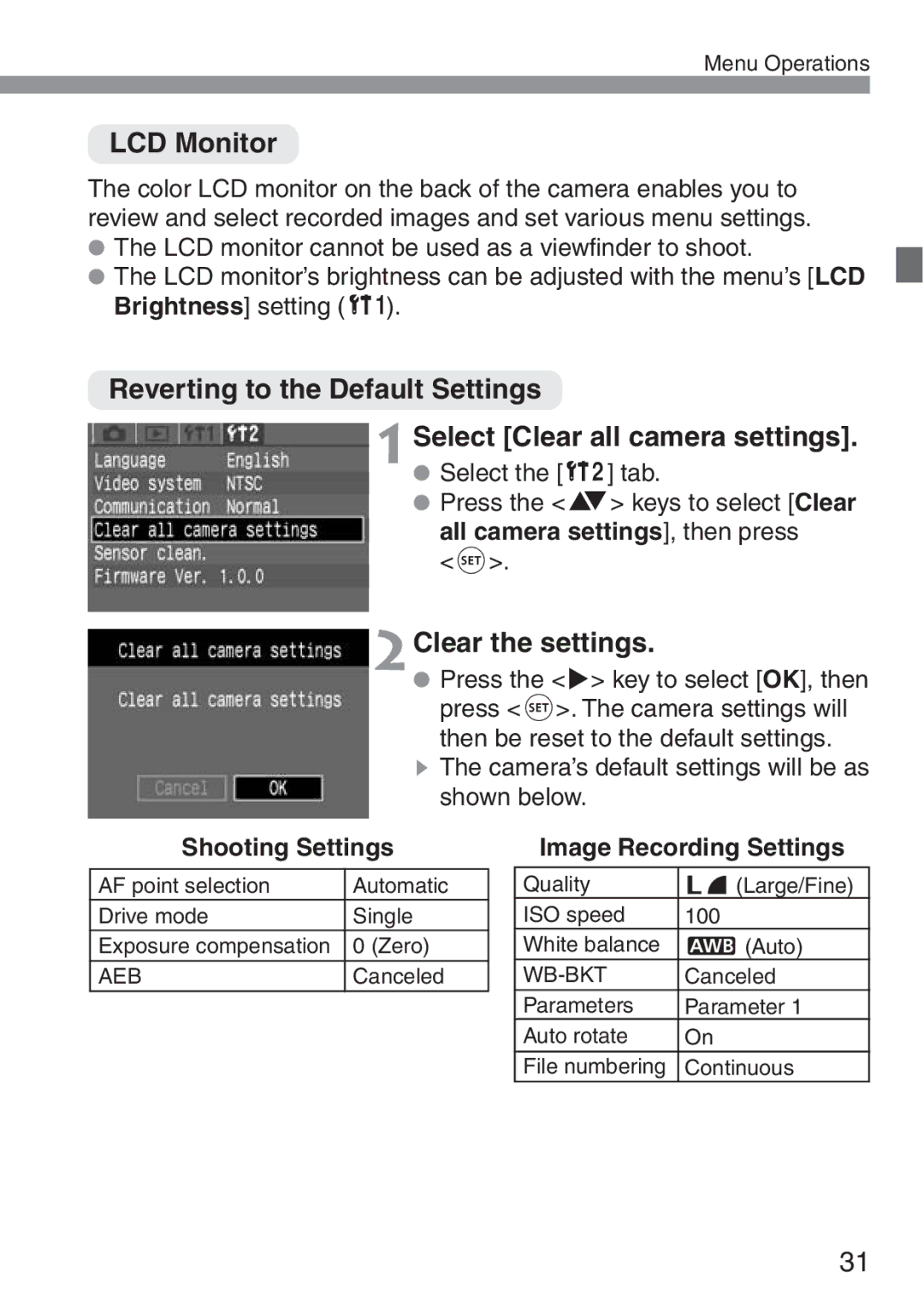 Canon 300D instruction manual LCD Monitor, 2Clear the settings, Shooting Settings, Image Recording Settings 