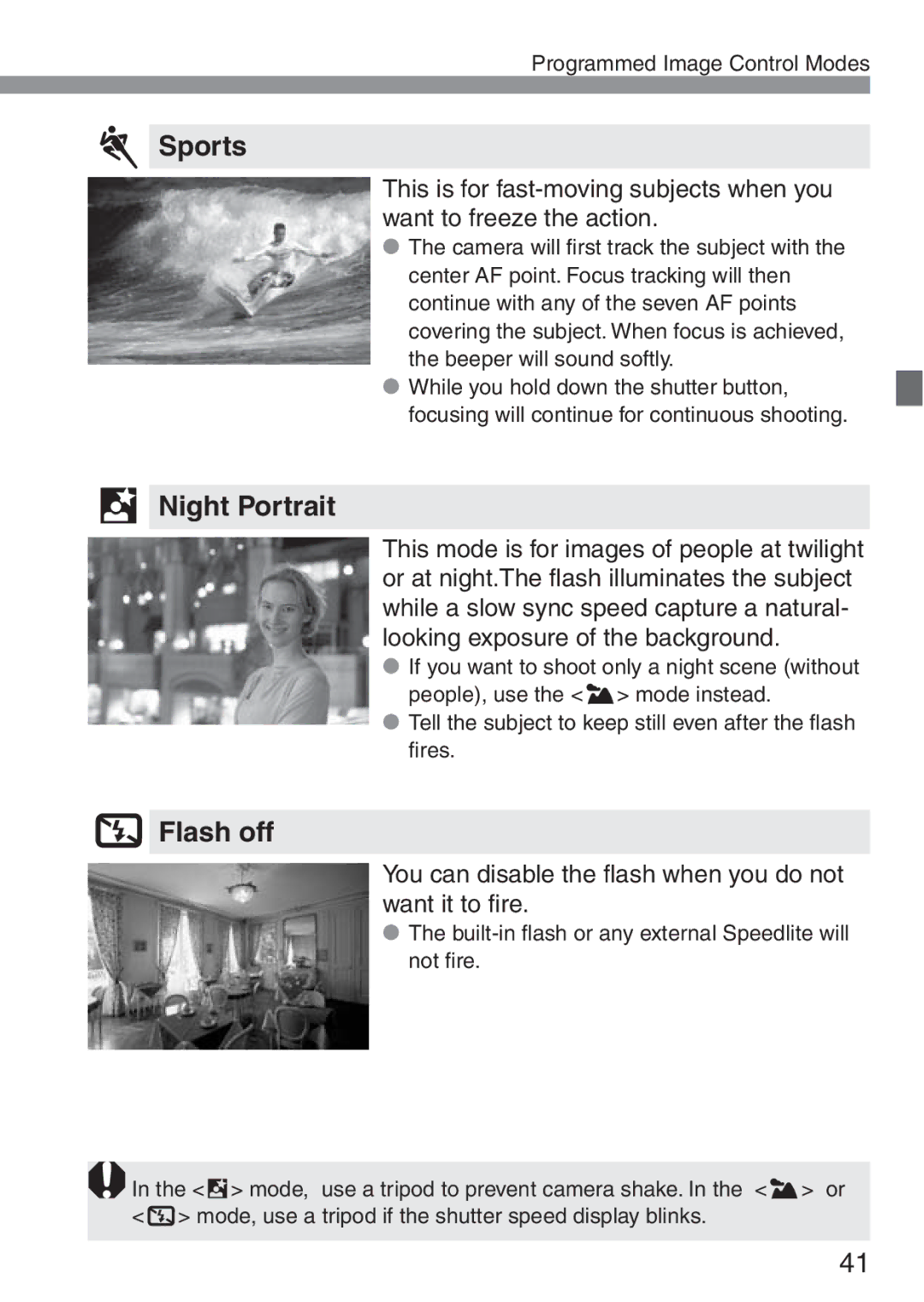 Canon 300D instruction manual Sports, Night Portrait, Flash off, You can disable the flash when you do not want it to fire 