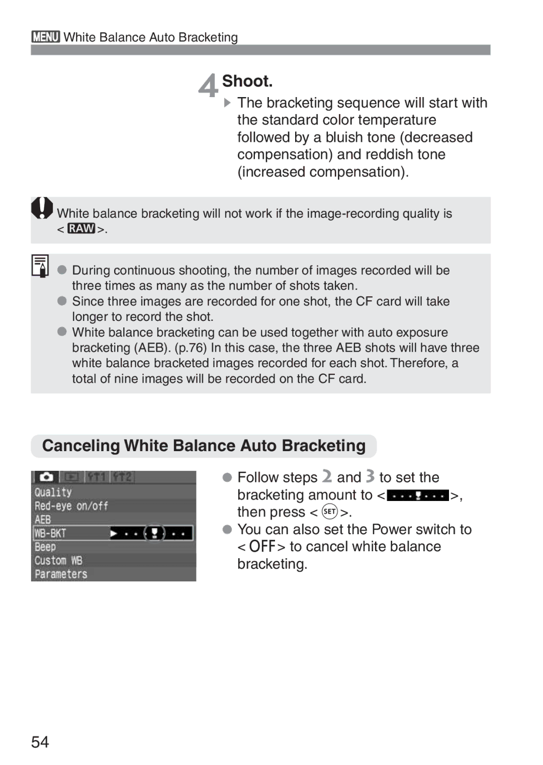 Canon 300D instruction manual 4Shoot, Canceling White Balance Auto Bracketing 