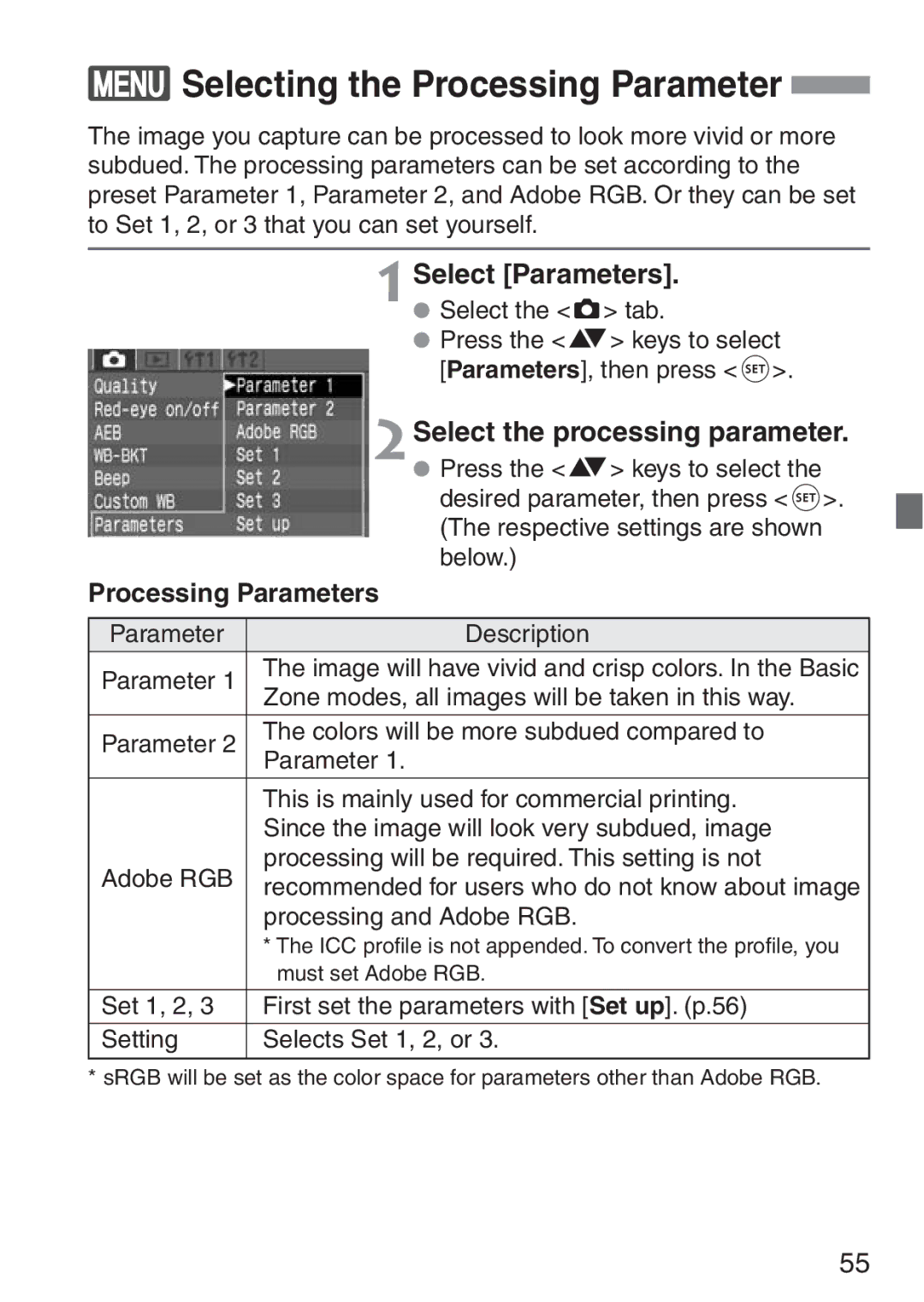 Canon 300D Selecting the Processing Parameter, Select Parameters, 2Select the processing parameter, Processing Parameters 