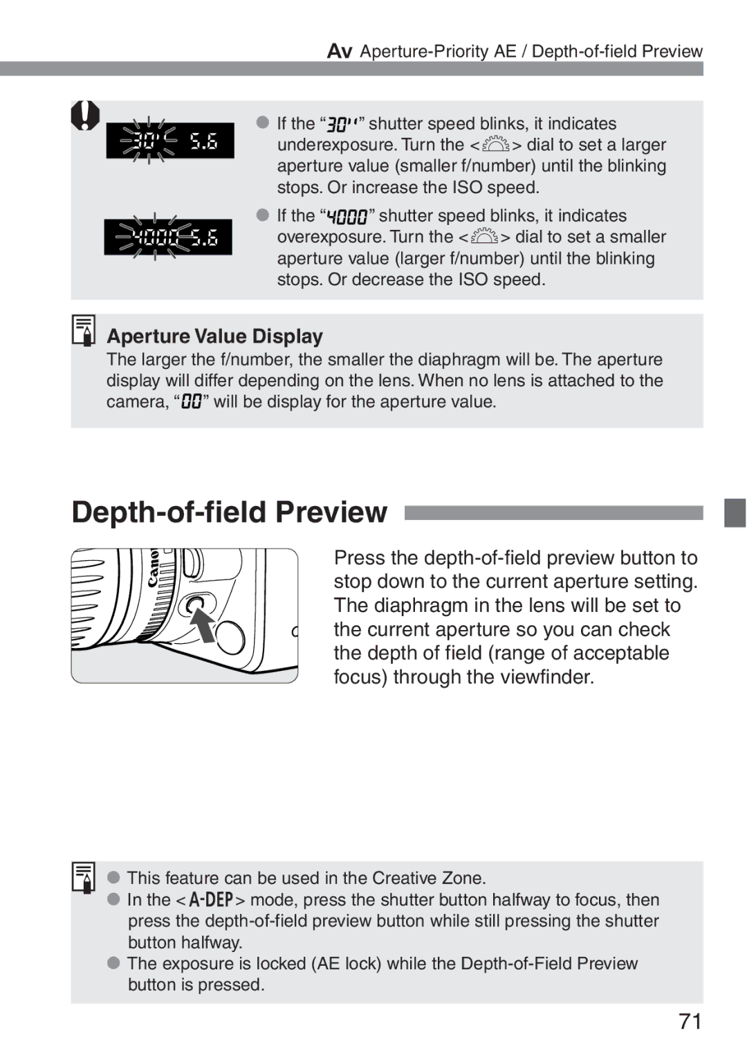 Canon 300D instruction manual Depth-of-field Preview, Aperture Value Display 