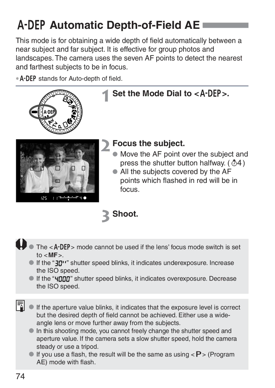 Canon 300D instruction manual Automatic Depth-of-Field AE, Set the Mode Dial to Q 2Focus the subject 