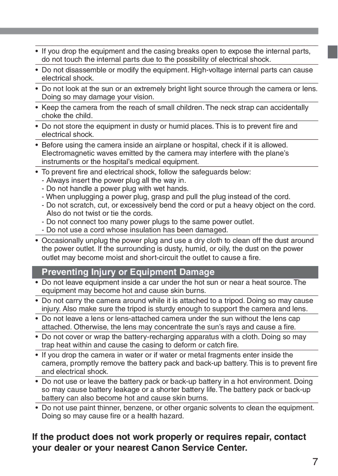 Canon 300D instruction manual Preventing Injury or Equipment Damage 