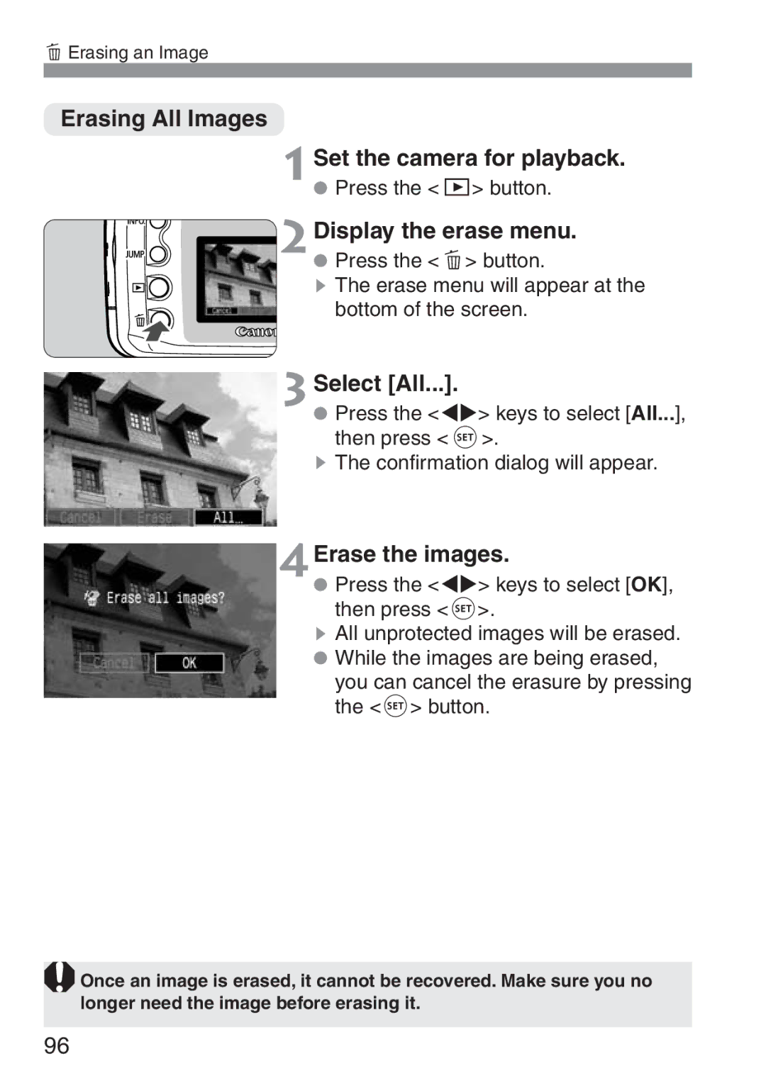 Canon 300D instruction manual Erasing All Images, Select All, 4Erase the images 