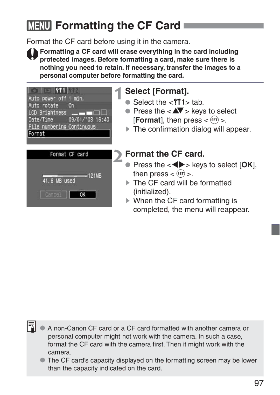 Canon 300D Formatting the CF Card, Select Format, 2Format the CF card, Format the CF card before using it in the camera 