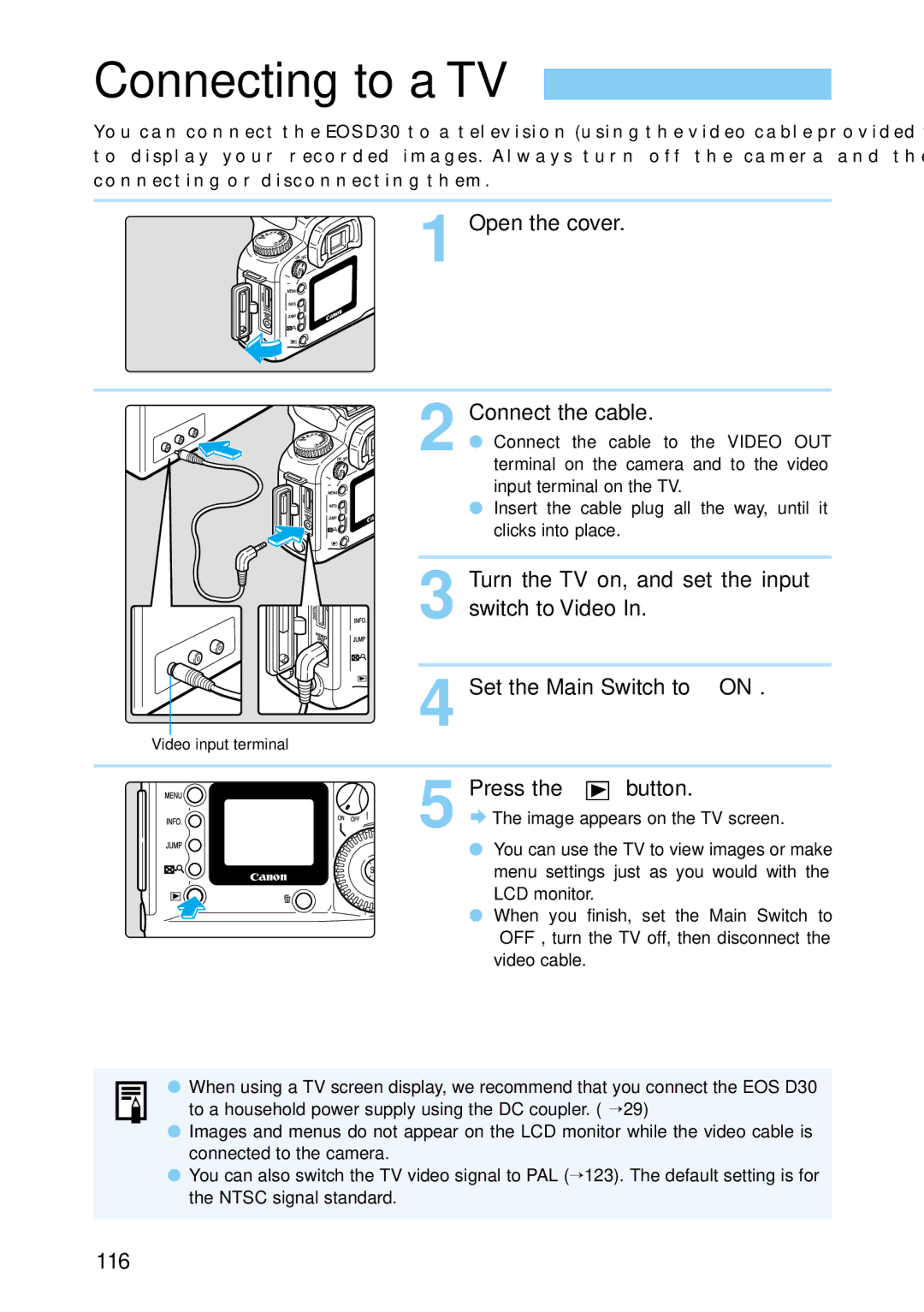 Canon 9337B001, 30D28135, 30D1785 manual Connecting to a TV, Open the cover Connect the cable, 116 