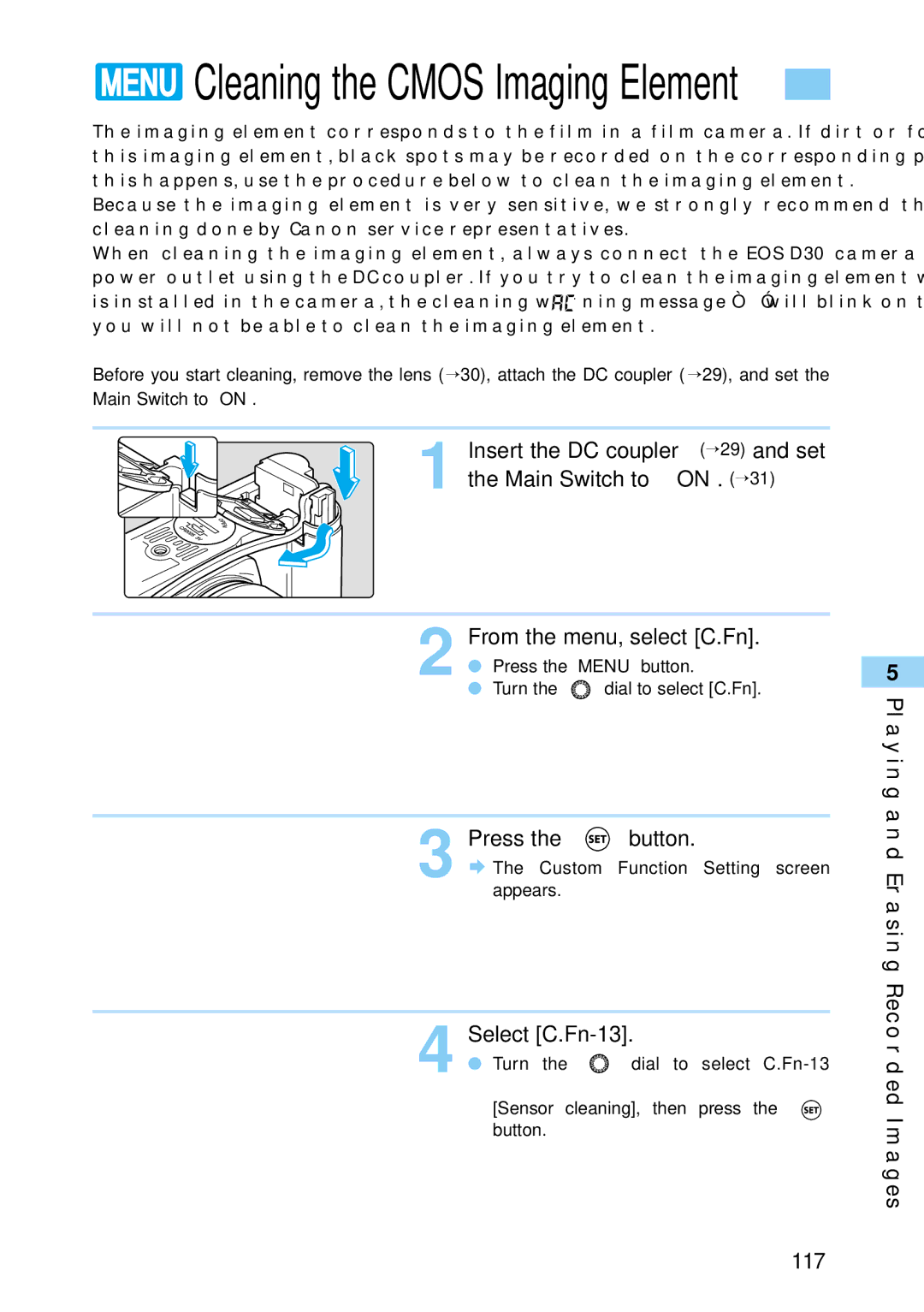 Canon 30D28135, 30D1785, 9337B001 manual Select C.Fn-13, Playing and Erasing Recorded Images 117 