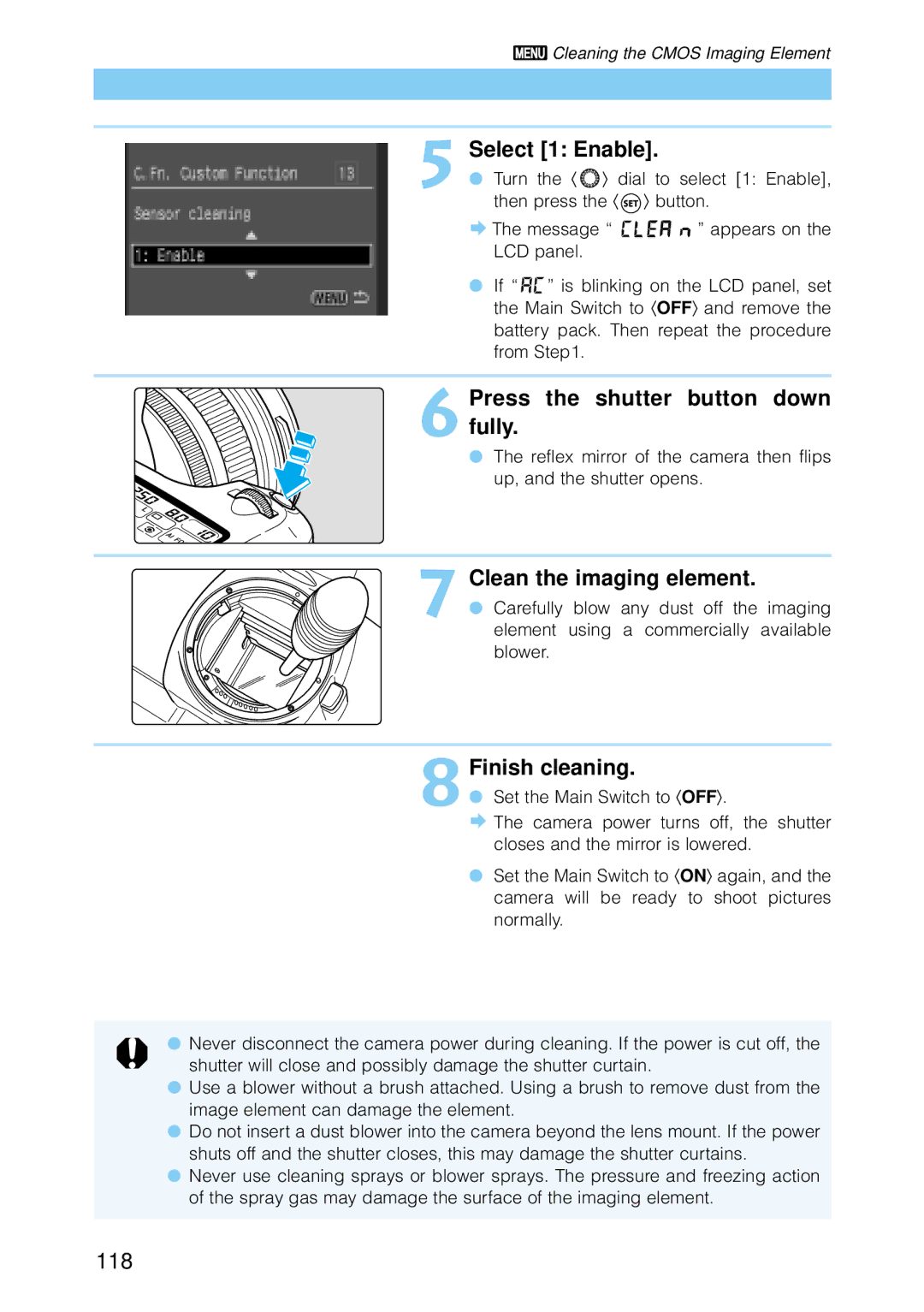 Canon 30D1785, 30D28135, 9337B001 manual Select 1 Enable, Clean the imaging element, 8Finish cleaning, 118 