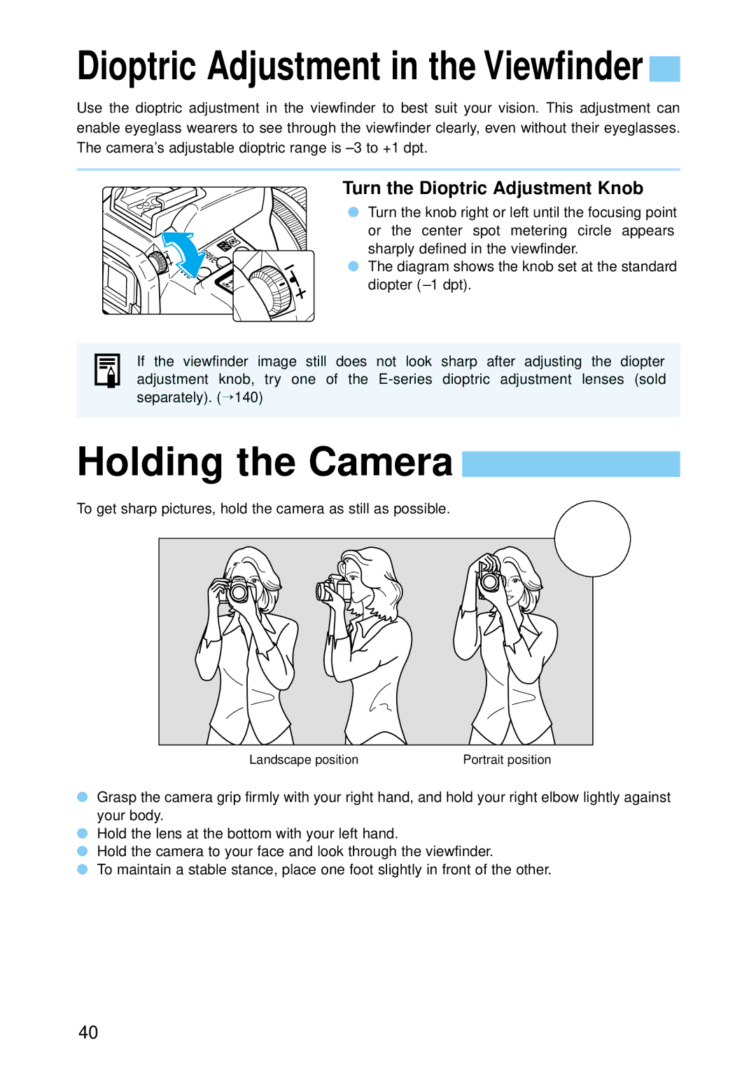 Canon 30D1785, 30D28135, 9337B001 manual Holding the Camera, Turn the Dioptric Adjustment Knob 