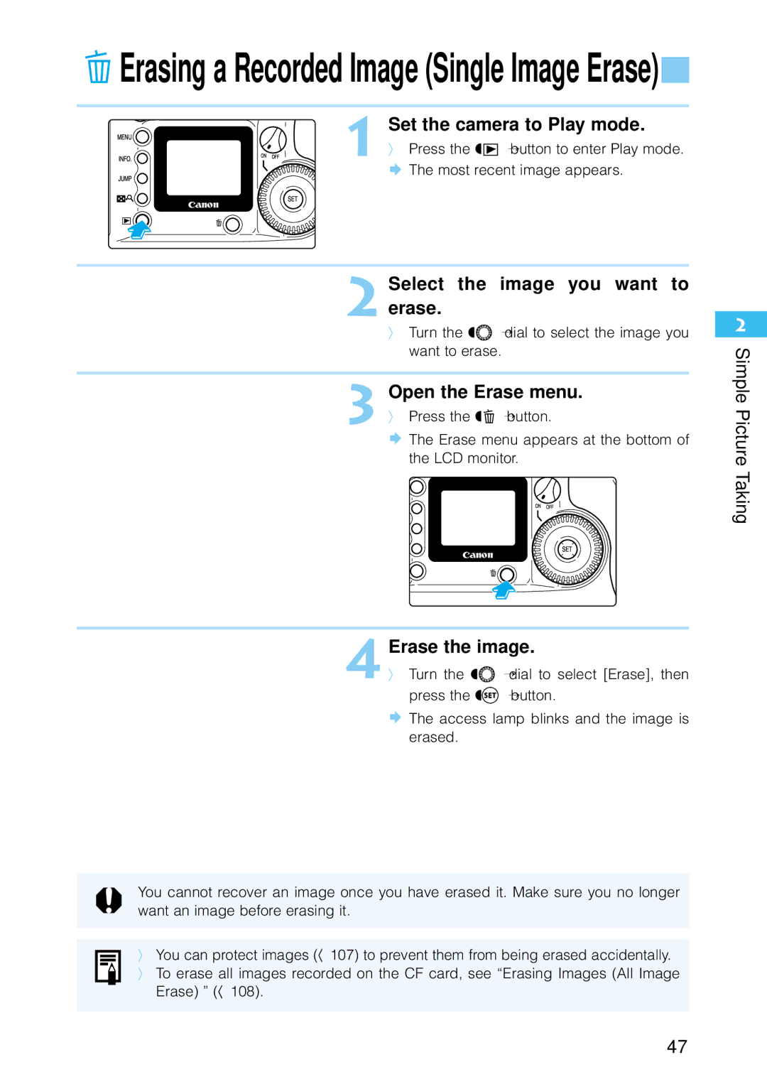 Canon 9337B001 manual Set the camera to Play mode, Select the image you want to Erase, Open the Erase menu, Erase the image 