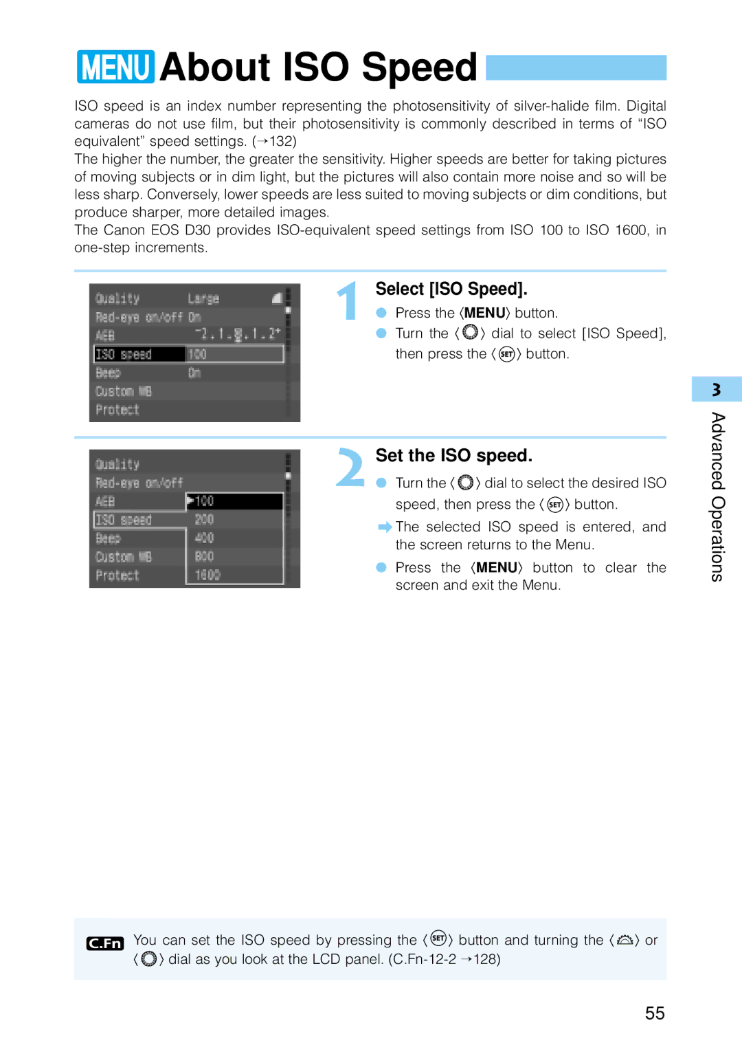 Canon 30D1785, 30D28135, 9337B001 manual About ISO Speed, Select ISO Speed, Set the ISO speed, Advanced Operations 