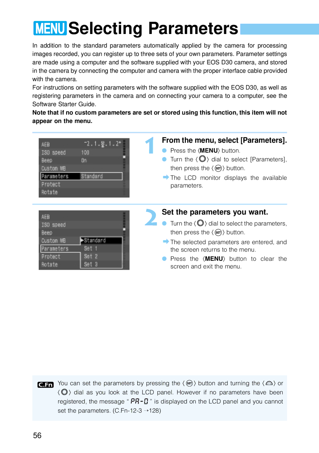 Canon 9337B001, 30D28135, 30D1785 manual Selecting Parameters, Set the parameters you want, From the menu, select Parameters 