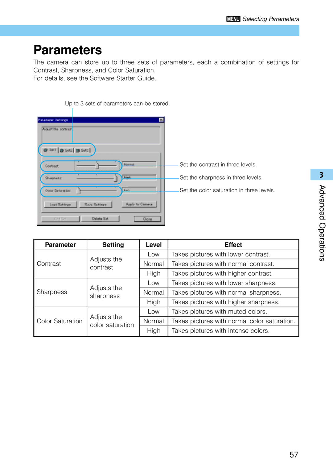 Canon 30D28135, 30D1785, 9337B001 manual Parameters, Parameter Setting Level Effect 