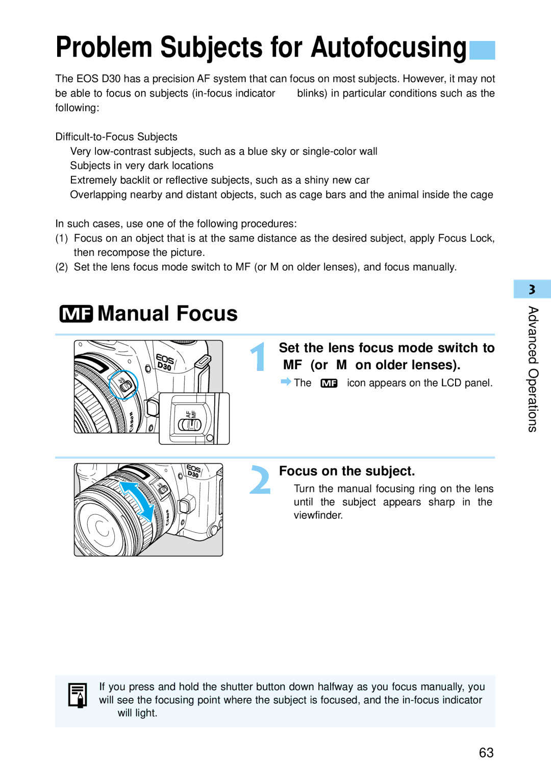 Canon 30D28135, 30D1785, 9337B001 manual Problem Subjects for Autofocusing, Manual Focus 