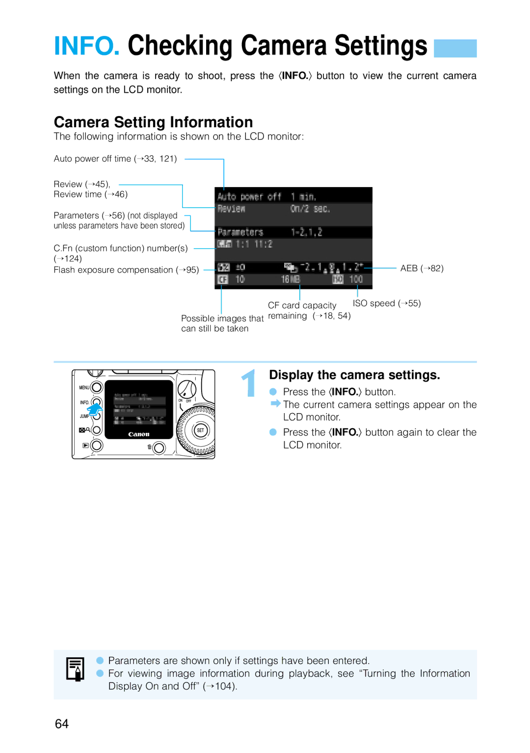 Canon 30D1785, 30D28135, 9337B001 manual INFO. Checking Camera Settings, Camera Setting Information 