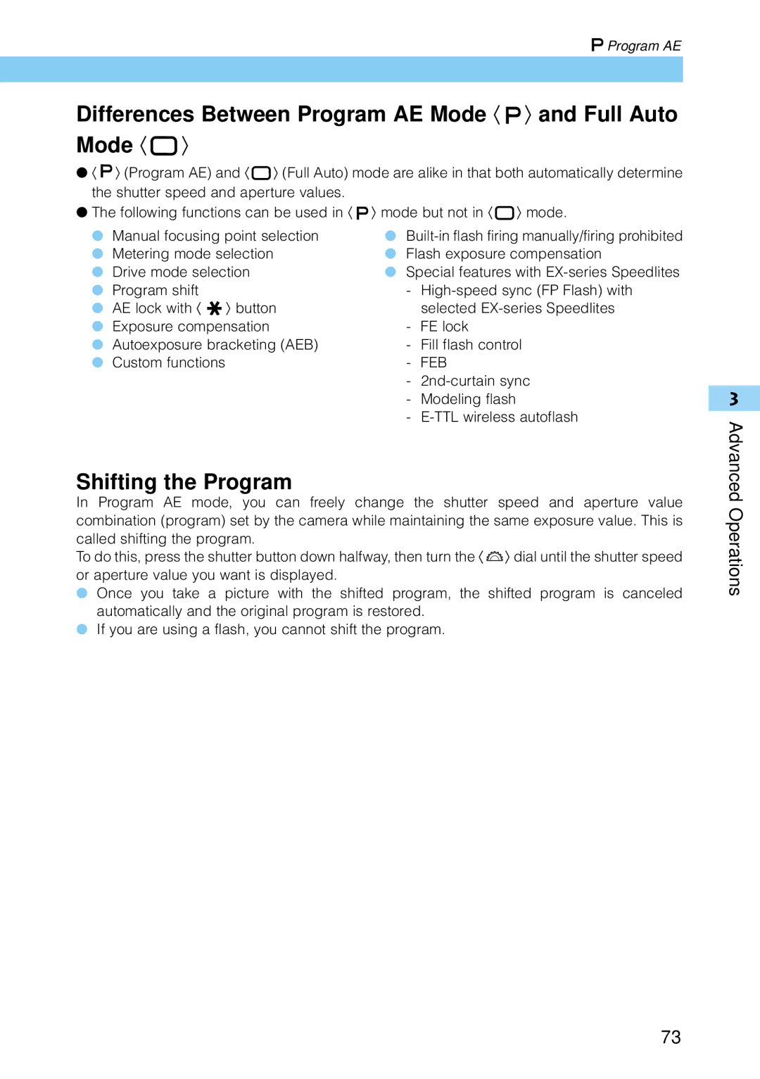 Canon 30D1785, 30D28135, 9337B001 manual Shifting the Program 