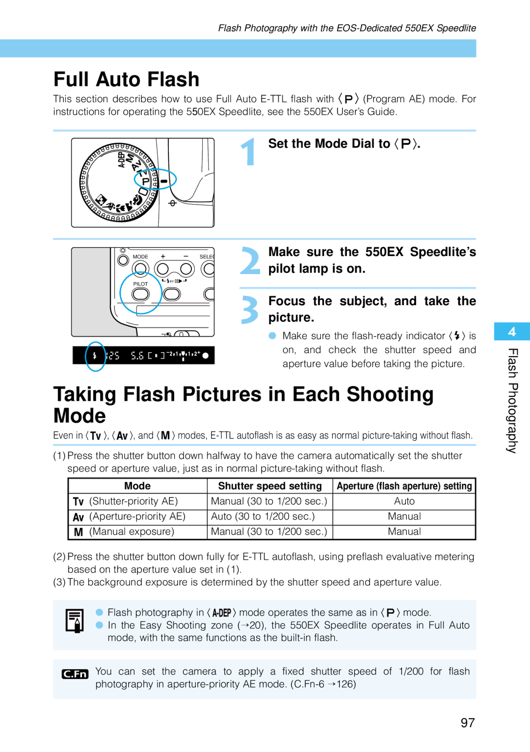 Canon 30D1785, 30D28135 manual Full Auto Flash, Taking Flash Pictures in Each Shooting Mode, Make sure the 550EX Speedlite’s 