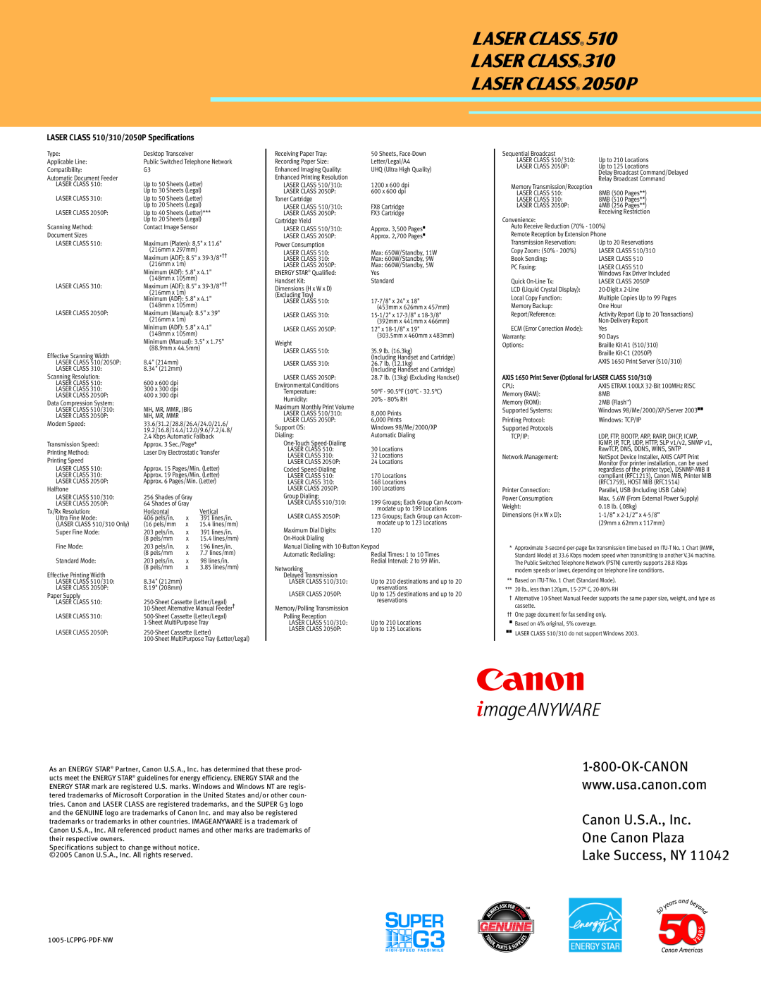 Canon manual Canon U.S.A., Inc One Canon Plaza Lake Success, NY, LASER CLASS 510/310/2050P Specifications 