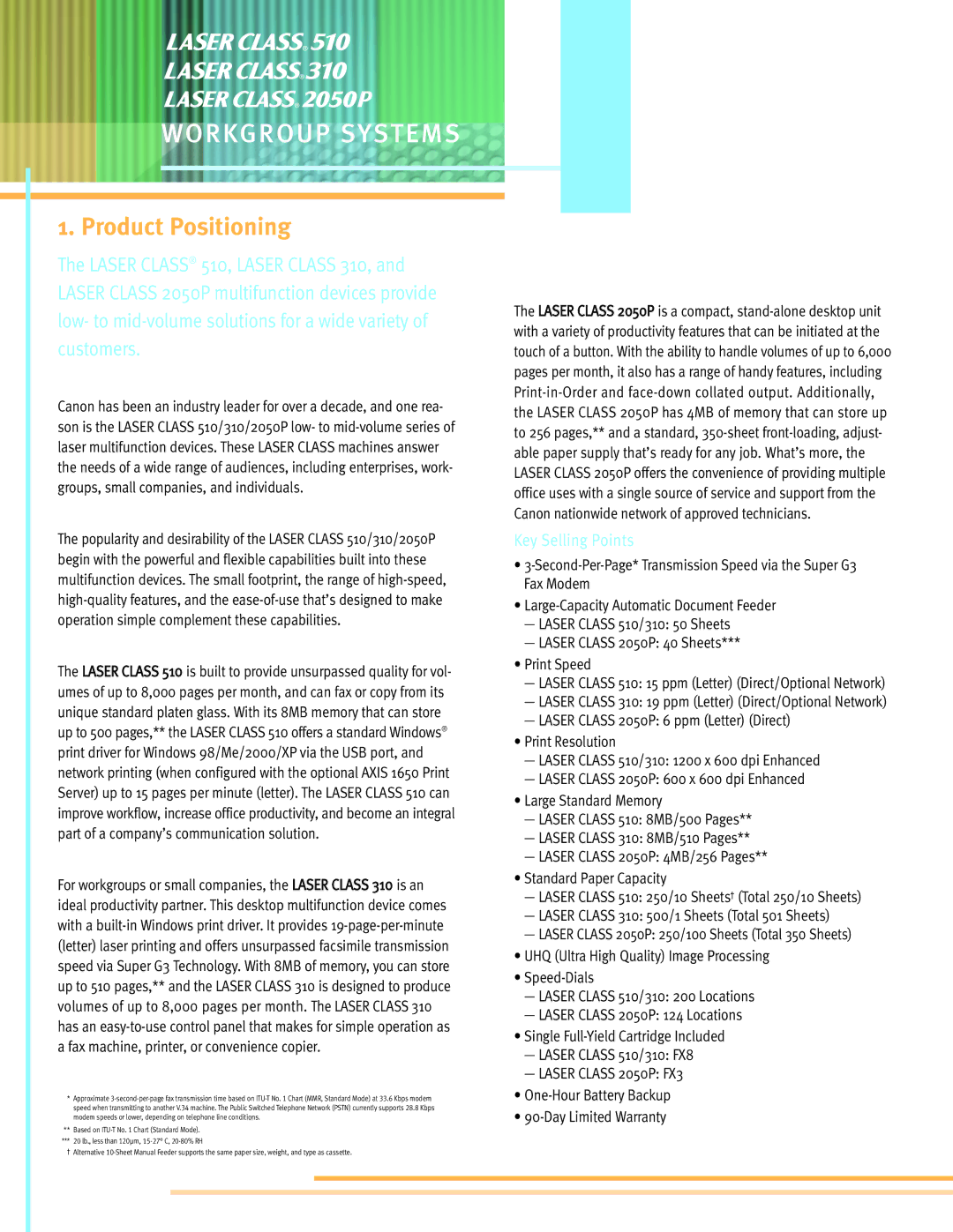 Canon 310, 510 manual Product Positioning, Key Selling Points 