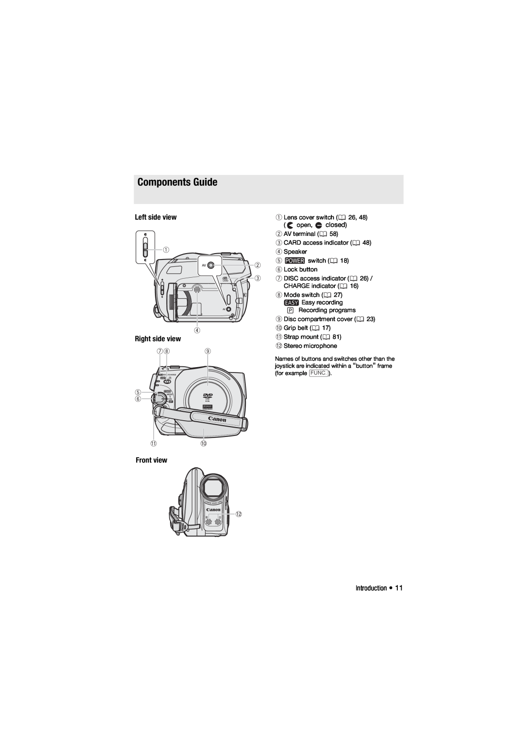Canon DC301, 310, DC311 instruction manual Components Guide, Left side view Right side view Front view 