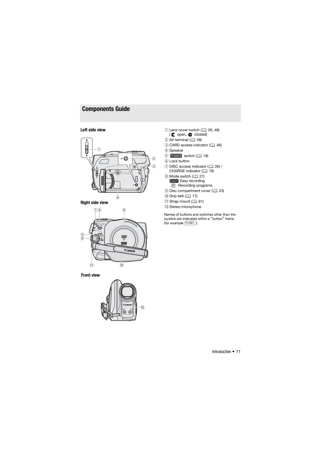 Canon DC301, 310, DC311 instruction manual Components Guide, Left side view Right side view Front view 