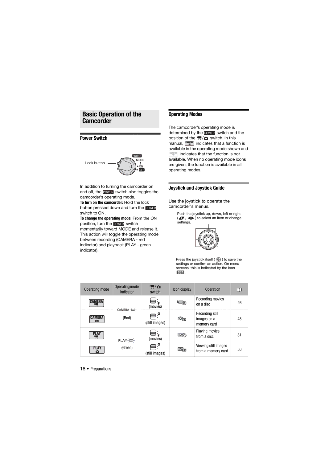 Canon 310, DC311, DC301 Basic Operation of the Camcorder, Power Switch, Operating Modes, Joystick and Joystick Guide 