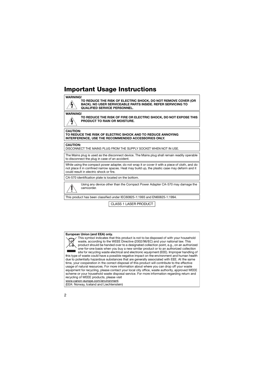 Canon DC301, 310, DC311 instruction manual Important Usage Instructions, Class 1 Laser Product 