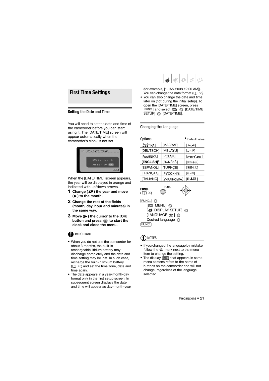 Canon 310, DC311, DC301 instruction manual First Time Settings, Setting the Date and Time, Changing the Language, Options 