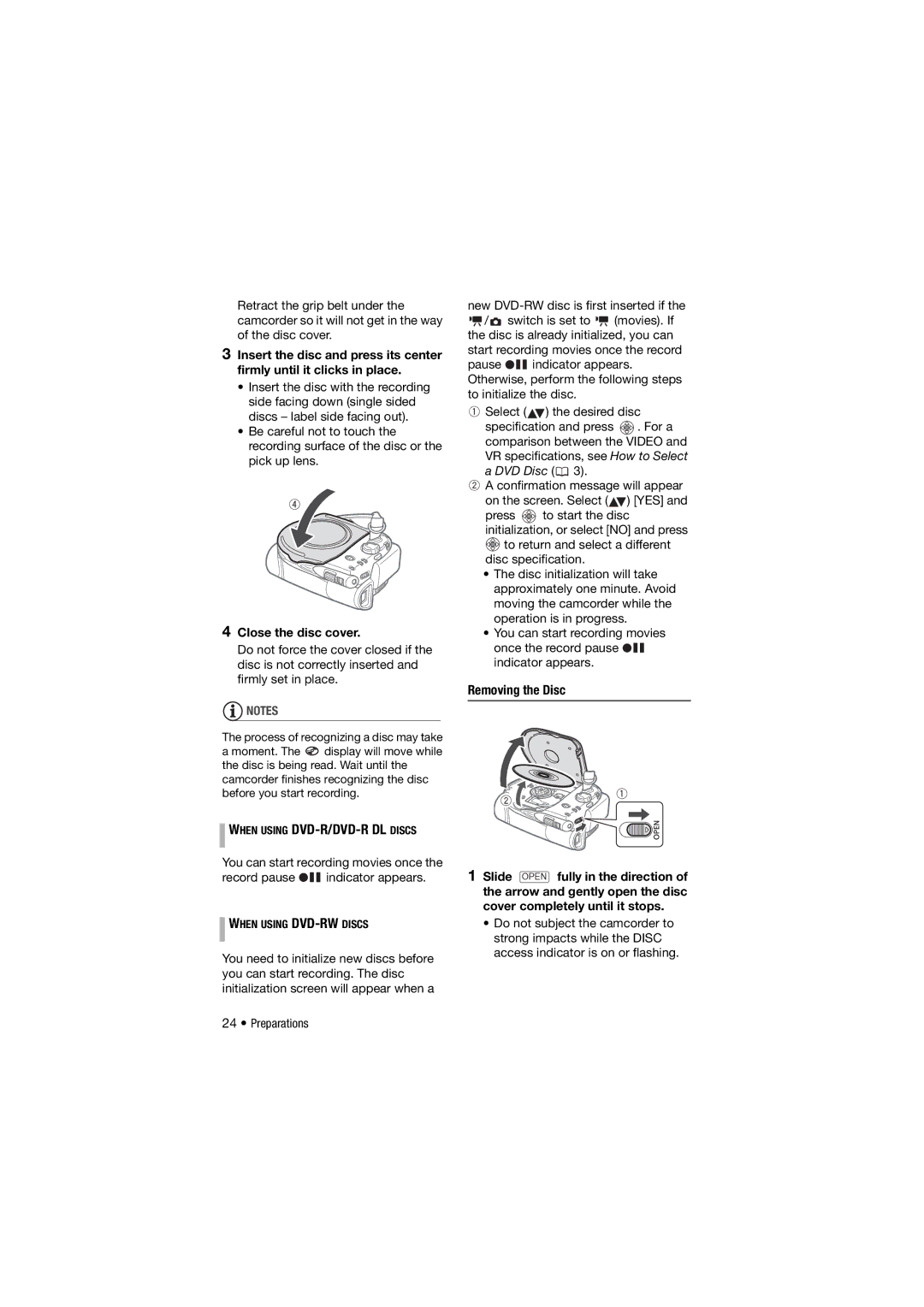 Canon 310, DC311, DC301 instruction manual Close the disc cover, Removing the Disc, When Using DVD-RWDISCS 