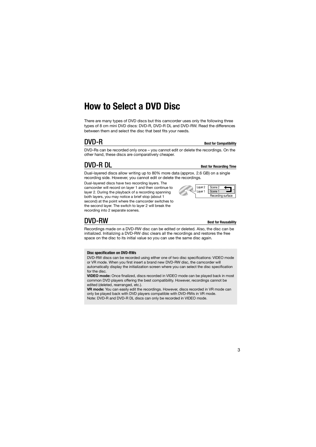 Canon 310, DC311, DC301 instruction manual How to Select a DVD Disc, Disc specification on DVD-RWs 