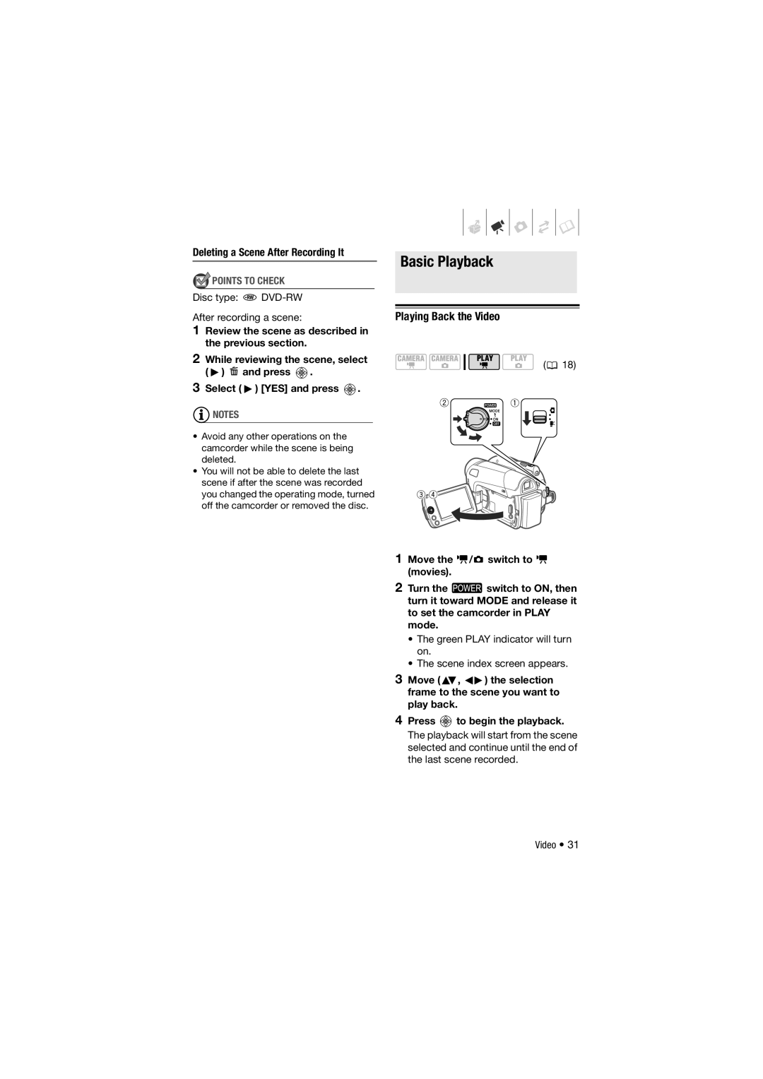 Canon DC311, 310, DC301 instruction manual Basic Playback, Playing Back the Video, Deleting a Scene After Recording It 