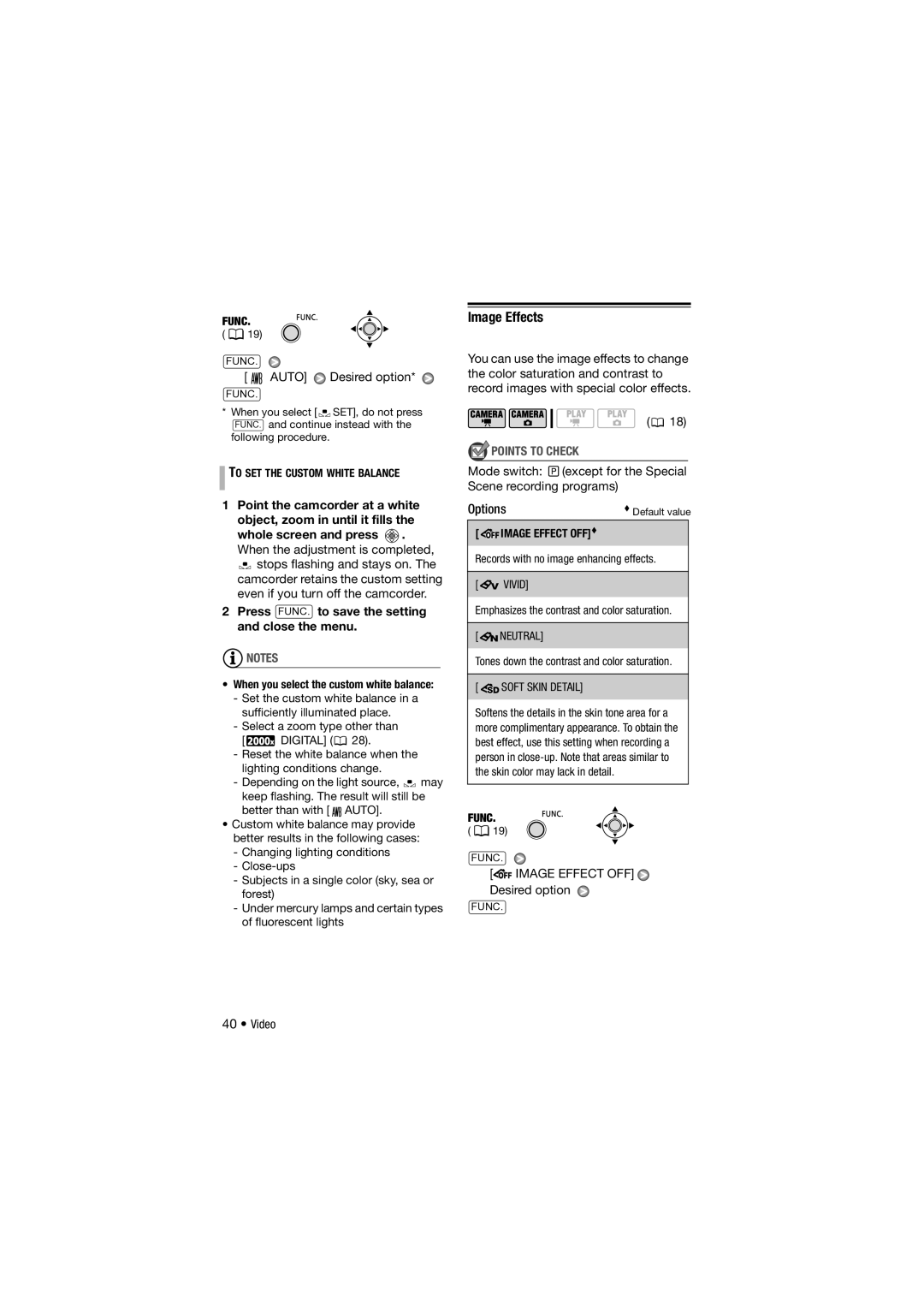 Canon DC311, 310, DC301 instruction manual Image Effects, Press FUNC. to save the setting and close the menu, Options 