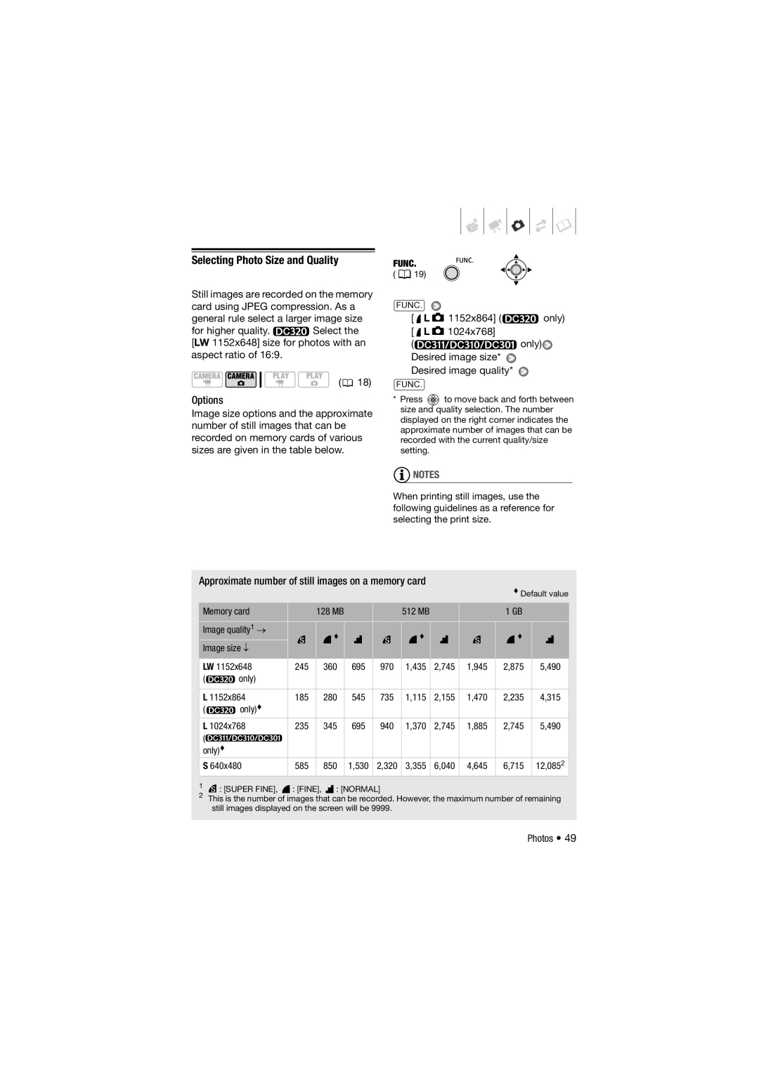 Canon DC311, 310, DC301 Selecting Photo Size and Quality, Approximate number of still images on a memory card 