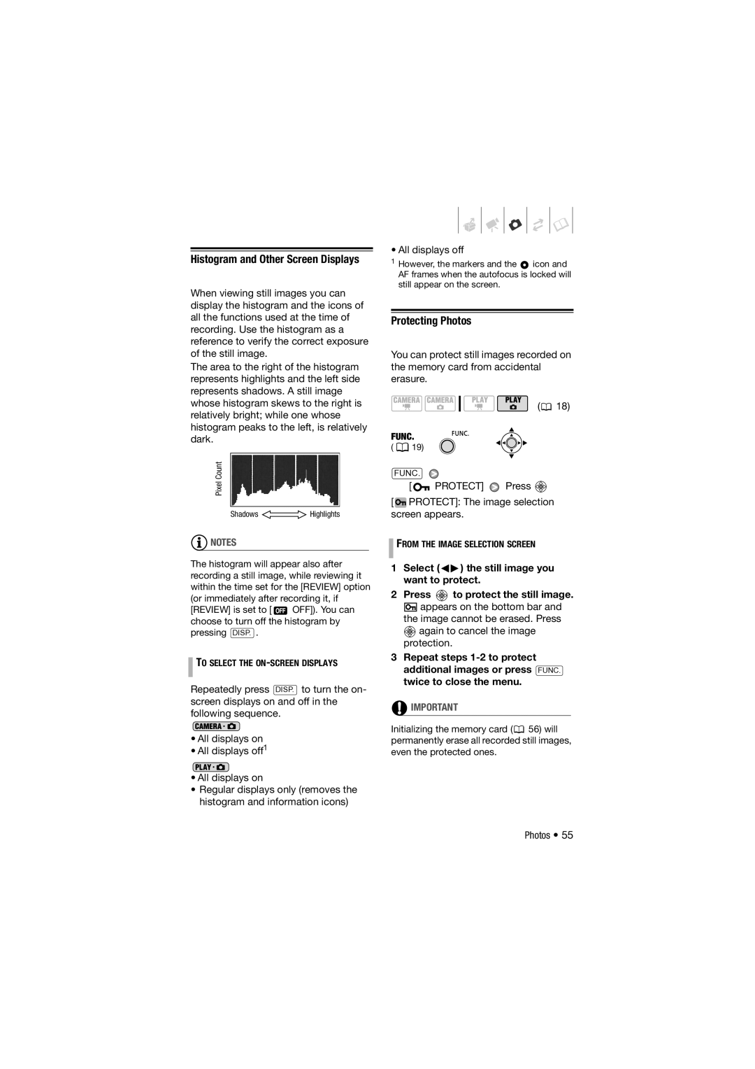 Canon DC311, 310, DC301 Protecting Photos, Histogram and Other Screen Displays, To Select the ON-SCREEN Displays 