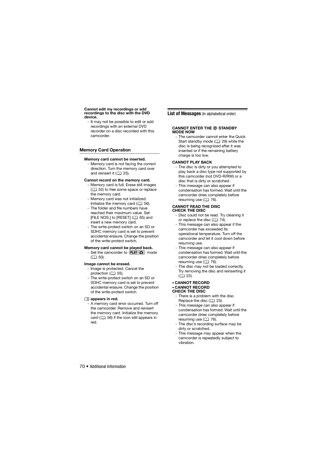 Canon DC311, 310, DC301 instruction manual Memory Card Operation, List of Messages in alphabetical order 