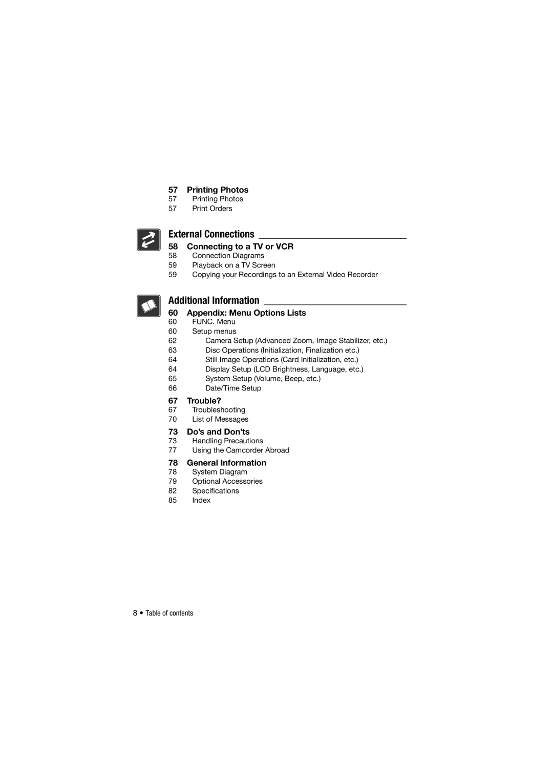 Canon DC301, 310 Printing Photos, Connecting to a TV or VCR, Appendix Menu Options Lists, Trouble?, 73 Do’s and Don’ts 