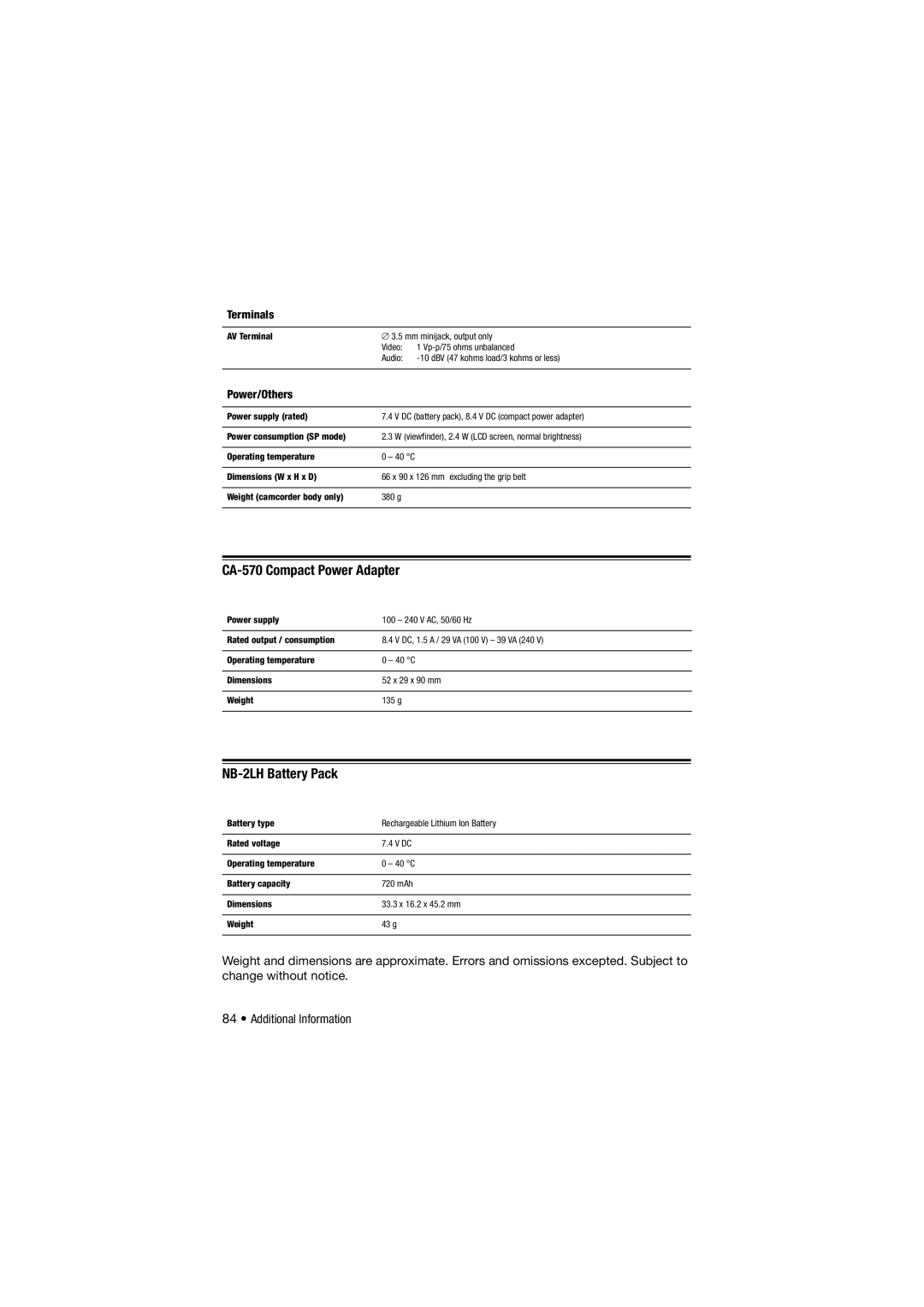 Canon 310, DC311, DC301 instruction manual CA-570 Compact Power Adapter, NB-2LH Battery Pack, Terminals, Power/Others 