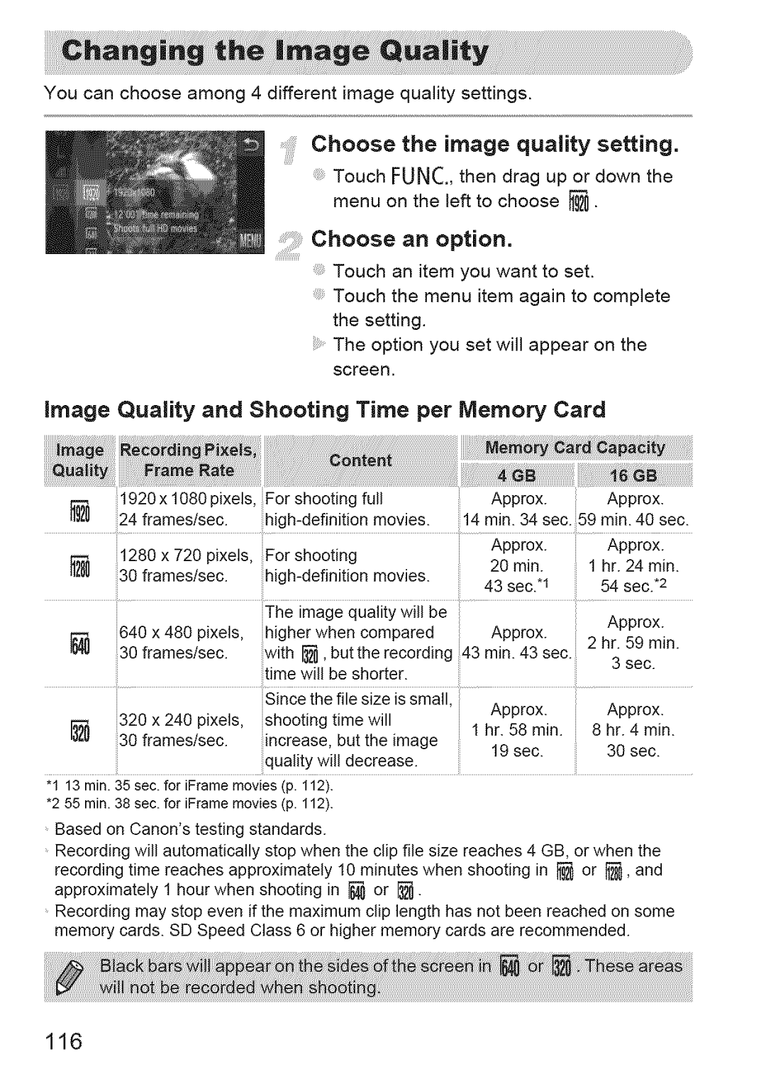 Canon ELIPH 500 HS, 310 HS manual Chooseanoption, Image Quality and Shooting Time per Memory Card, 116 