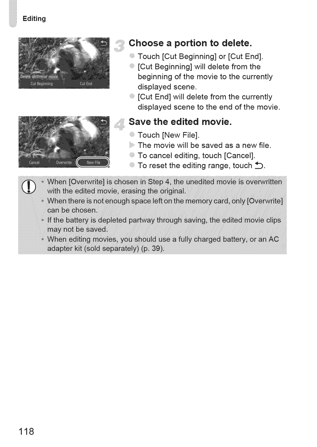 Canon ELIPH 500 HS, 310 HS manual Editing, Choose a portion to delete, Save the edited movie, 118 
