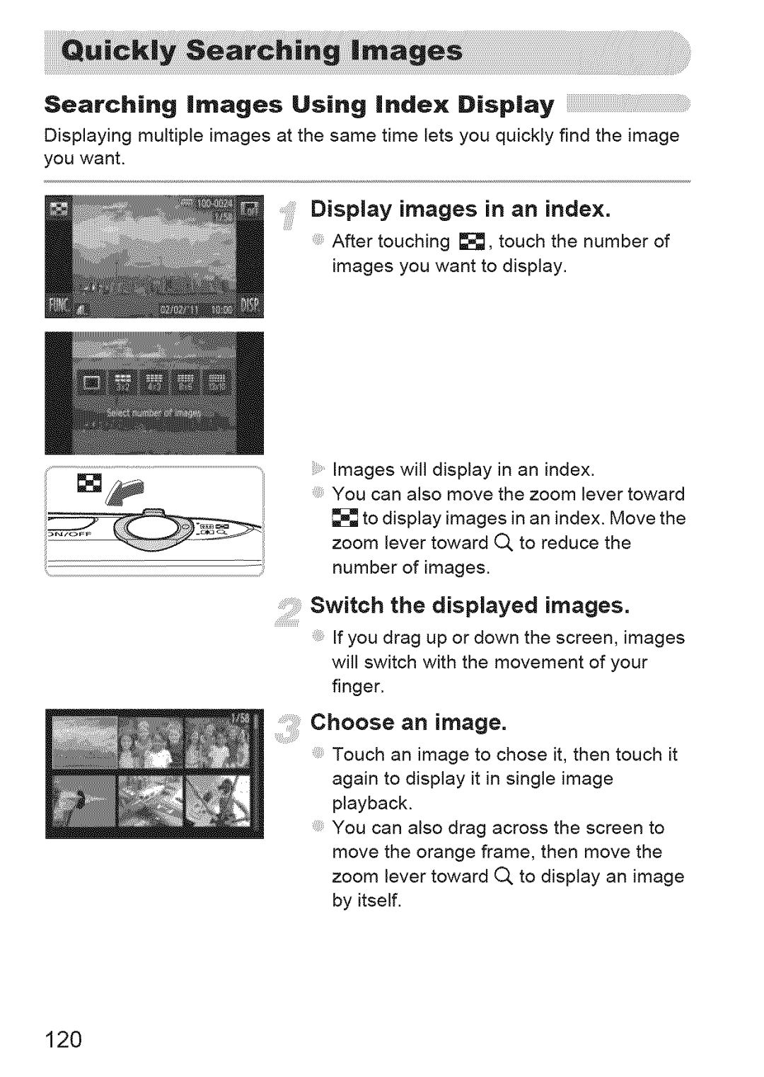 Canon ELIPH 500 HS Searching images Using index Display, Display images in an index, Switch the displayed images, 120 