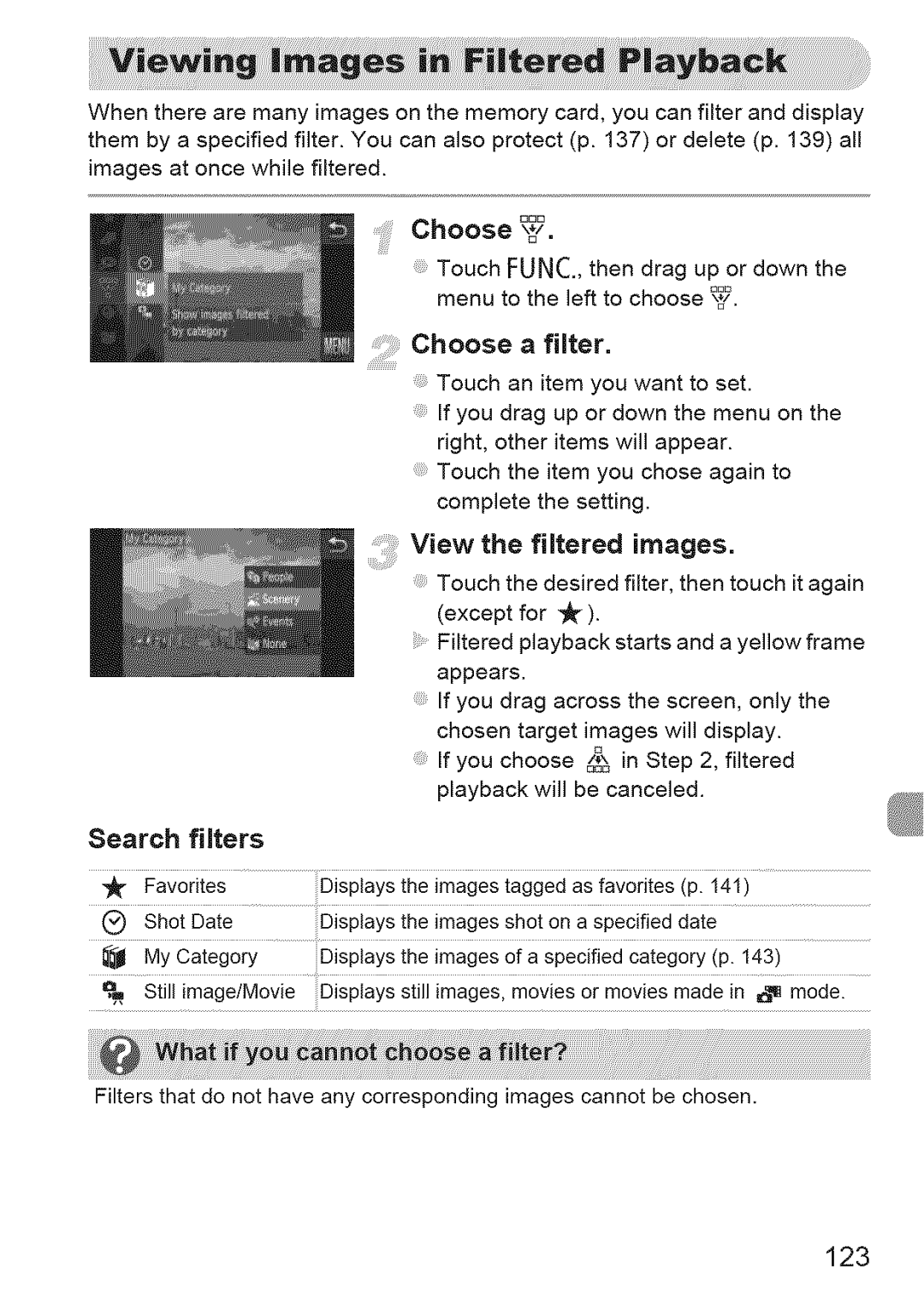 Canon 310 HS, ELIPH 500 HS manual Chooseafi ter, Choose ?, View the filtered images, Search filters, 123 