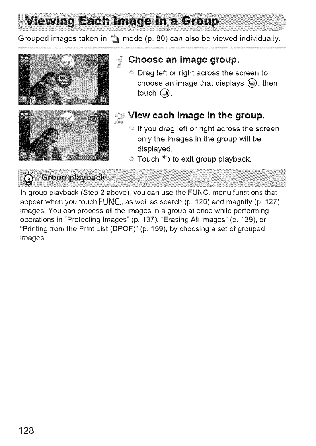 Canon ELIPH 500 HS, 310 HS manual Choose an image group, View each image in the group, 128 